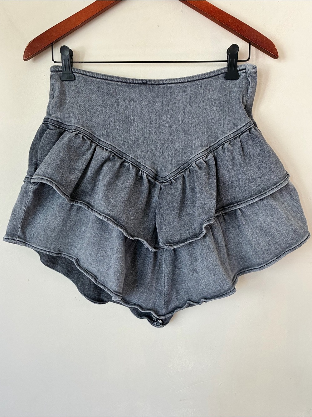 Mother Grunge Denim The Ruffle Mini Skirt Grey Tiered Stretch Size 28 Girh